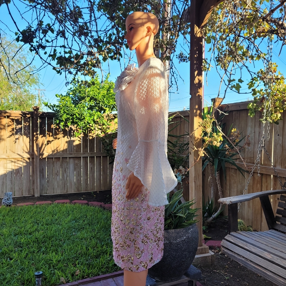 Ella Belle New York Elegant White/Pink & Gold Women's Midi Dress Size 14 - Picture 5 of 12
